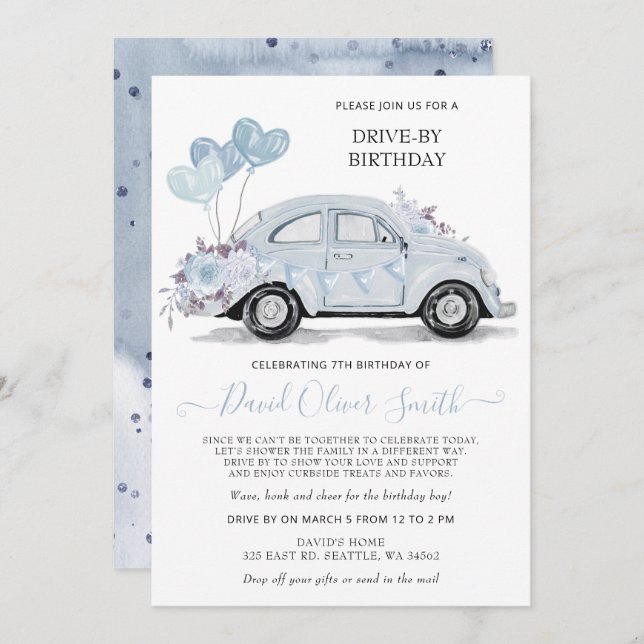 Fahrt von Birthday Watercolor Floral Blue Car Einladung (Vorne/Hinten)