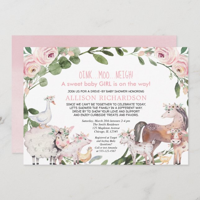Fahrt von Farm Barnyard Tiere Mädchen Dusche Einladung (Vorne/Hinten)