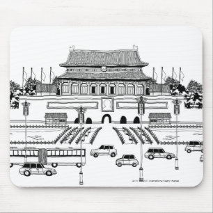 Fahrzeuge auf Straße durch Pagode Mousepad