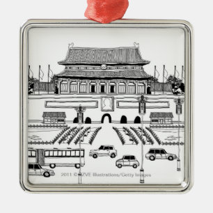 Fahrzeuge auf Straße durch Pagode Silbernes Ornament
