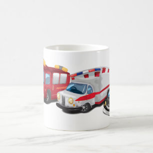 Fahrzeuge der Polizei-, Ambulanz- und Feuerwehr. Kaffeetasse
