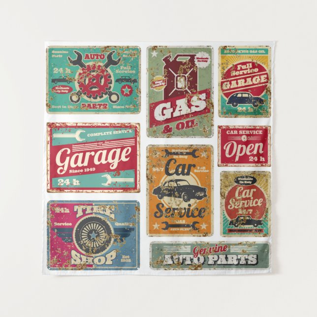 Fahrzeugservice und Tankstelle Vintages Metall  Wandteppich (Vorderseite)