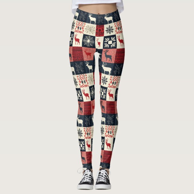 Fair Isle Knitted Patchwork | Holiday Reindeer Leggings (Vorderseite)