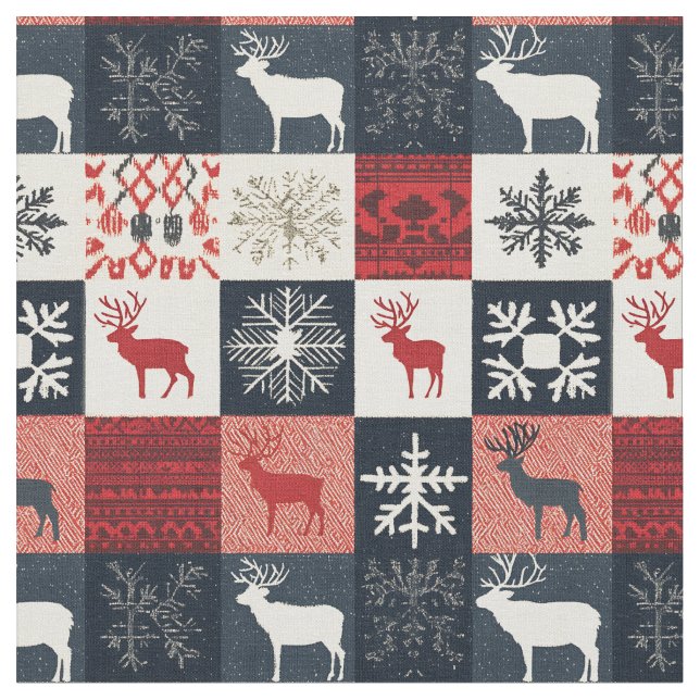 Fair Isle Knitted Patchwork | Holiday Reindeer Stoff (Nahaufnahme)