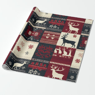 Fair Isle Knitted Patchwork Rustikaler Rentier Geschenkpapier