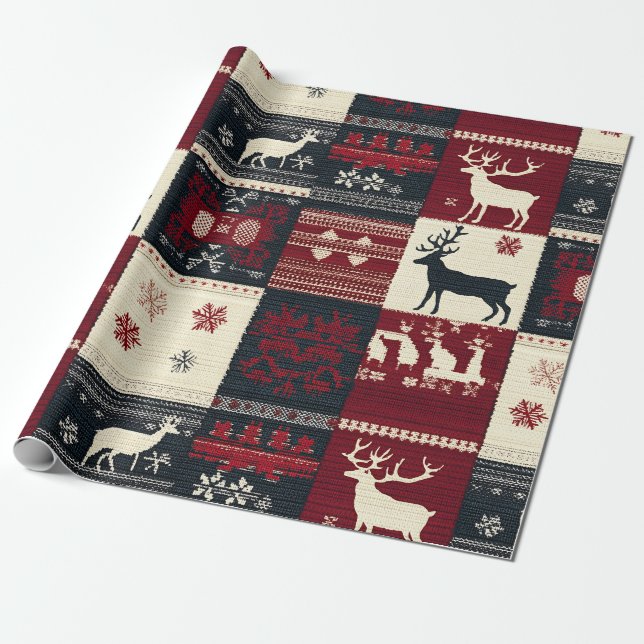Fair Isle Knitted Patchwork | Rustikaler Rentier Geschenkpapier (Ungerollt)