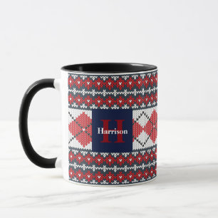 Fair Isle Raute Blau und Rot Mit Monogramm Tasse