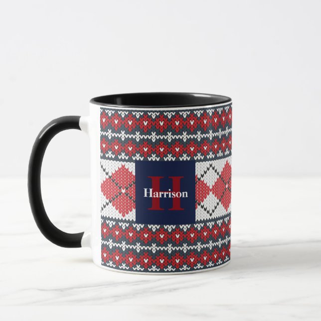 Fair Isle Raute Blau und Rot Mit Monogramm Tasse (Links)