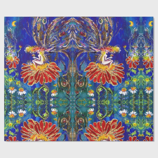 FAIRE AUF DER ROTEN BLUME IN DER NACHT Blau Grün Geschenkpapier (Flach)