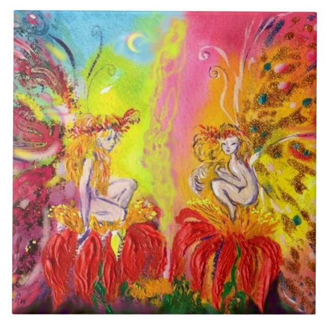 FAIRIEN VON DAWN MIT ROTEN BLUME Fantasy Fliese (Vorderseite)