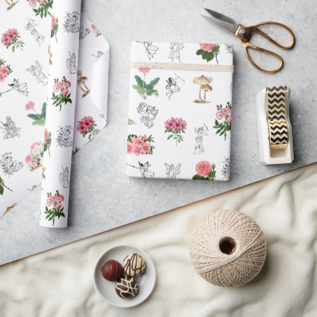 Fairies Pink Floral & Mushroom Faible Muster Geschenkpapier (Kunsthandwerk)
