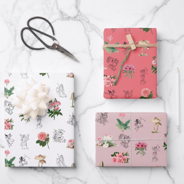 Fairies Pink Floral & Mushroom Faible Muster Geschenkpapier Set (Vorderseite)