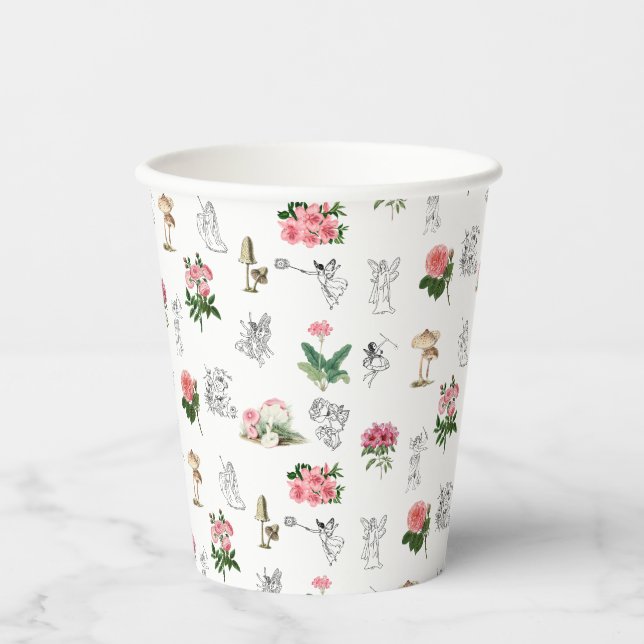 Fairies Pink Floral & Mushroom Faible Muster Pappbecher (Vorderseite)