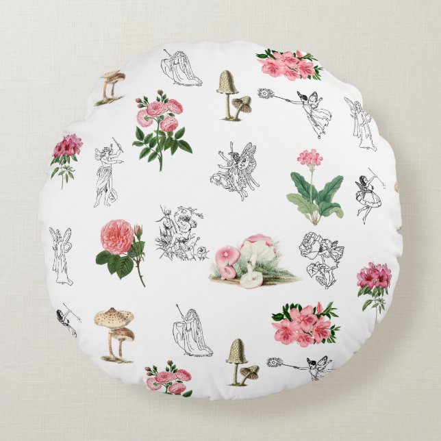Fairies Pink Floral & Mushroom Faible Muster Rundes Kissen (Vorderseite)