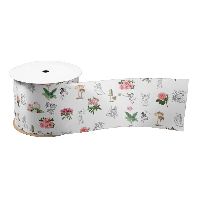 Fairies Pink Floral & Mushroom Faible Muster Satinband (Spule)