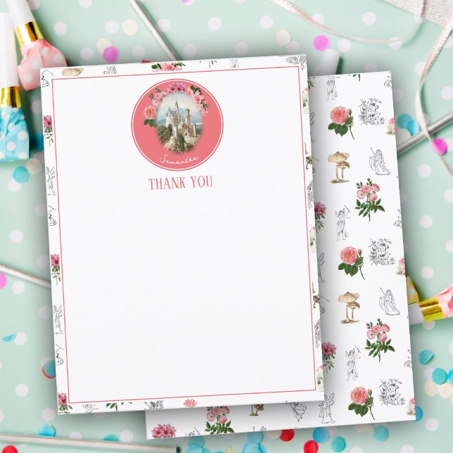 Fairies Pink Floral Mushroom Fairy Castle Monogram Dankeskarte (Fairies Pink Floral Mushroom Fairy Castle Monogram Thank You Card)