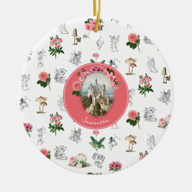 Fairies Pink Floral Mushroom Fairy Castle Monogram Keramik Ornament (Vorne)