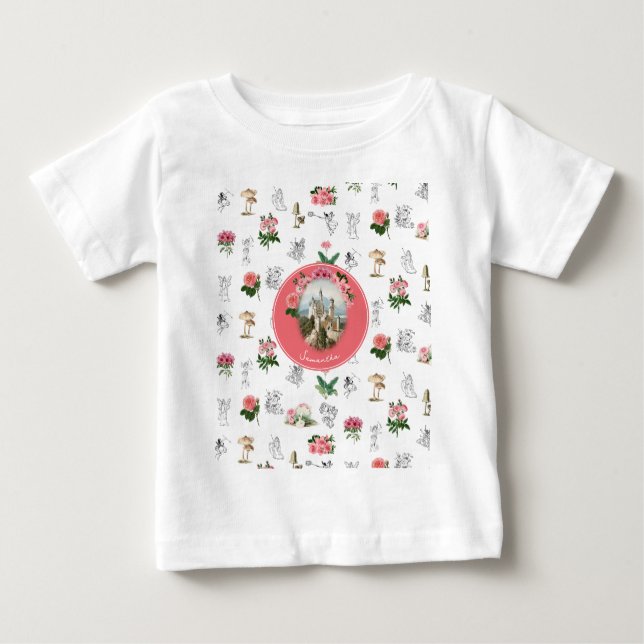 Fairies Rosa Mushroom Fairy Castle Monogram Baby T-shirt (Vorderseite)