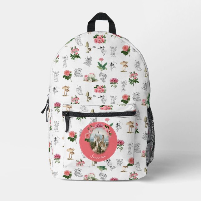 Fairies Rosa Mushroom Fairy Castle Monogram Bedruckter Rucksack (Vorderseite)