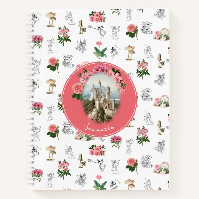 Fairies Rosa Mushroom Fairy Castle Monogram Notizbuch (Vorderseite)