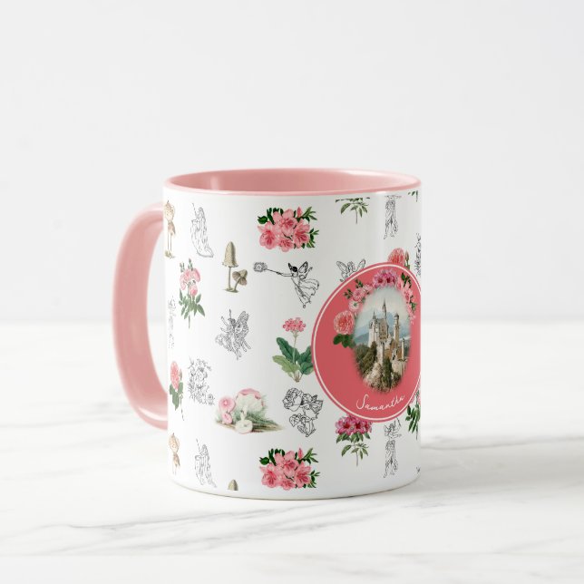 Fairies Rosa Mushroom Fairy Castle Monogram Tasse (Vorderseite Links)