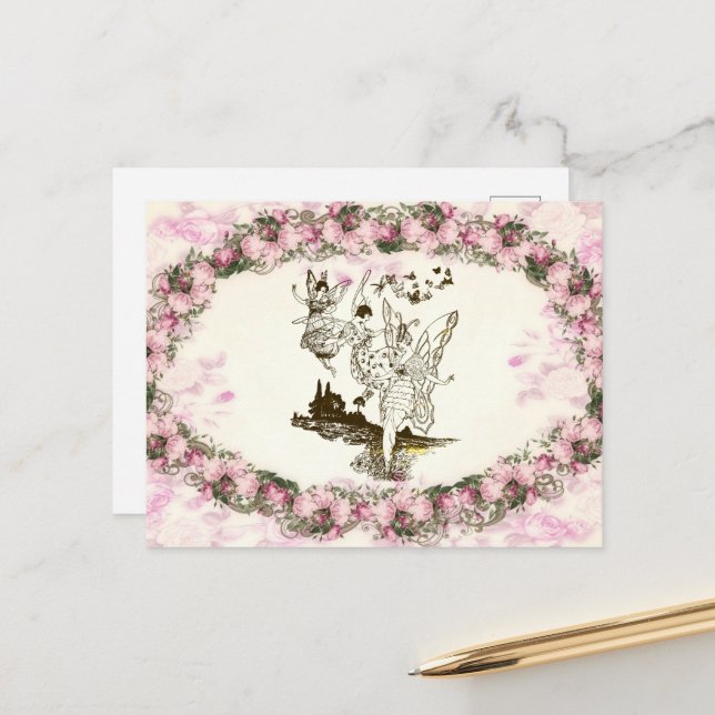 Fairies tanzen Vintage Blume Postkarte (Vorderseite/Rückseite Beispiel)
