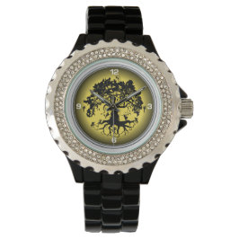 Fairies Tree Women's Kristall Black Enamel Watch Armbanduhr