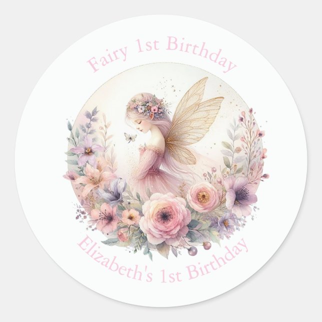 Fairy 1. Geburtstag Gastgeschenk Runder Aufkleber (Vorderseite)