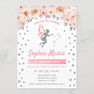 Fairy 1. Geburtstag - Silberrosa Einladung
