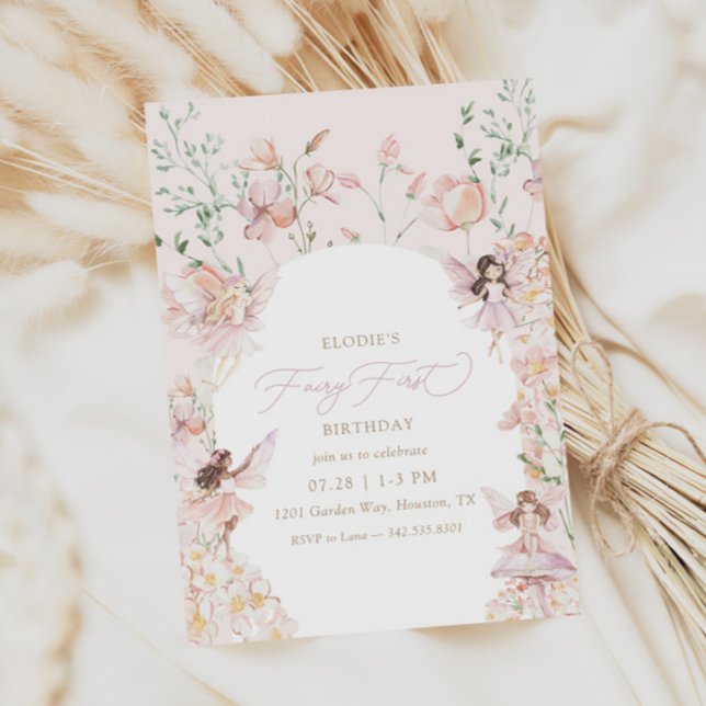 Fairy 1. Pink Floral Girls Geburtstag Einladung (Von Creator hochgeladen)