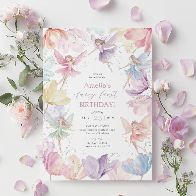 Fairy 1st Birthday Rainbow Fairy Girls Einladung (Rainbow Fairy First Birthday Invitation | Girl's 1st birthday fairy invitation | Rainbow flowers)