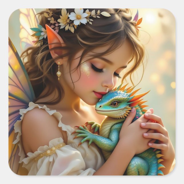 Fairy and Dragon Mystical Girl's   Quadratischer Aufkleber (Vorderseite)