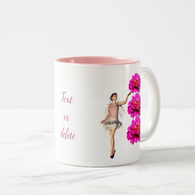 Fairy and Pink Zinnia Blume Personalisiert Zweifarbige Tasse (VorderseiteRechts)