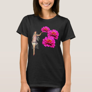 Fairy and Pink Zinnias Blume Dunkel T-Shirt