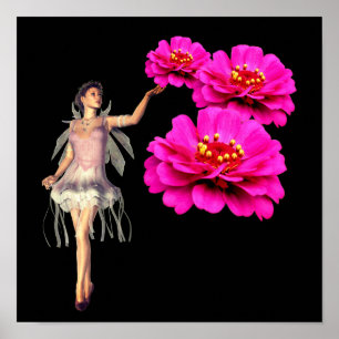 Fairy and Pink Zinnias Blume Fantasy Art Poster