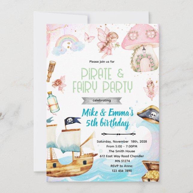 Fairy and Pirate birthday party invitation Einladung (Vorderseite)