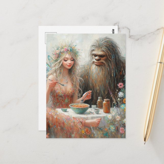 Fairy and Sasquatch Spaghetti Picnic Postkarte (Vorderseite/Rückseite Beispiel)