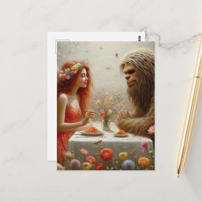 Fairy and Sasquatch Spaghetti Picnic Postkarte (Vorderseite/Rückseite Beispiel)