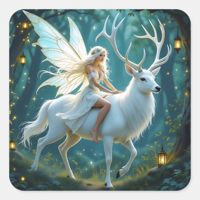 Fairy and White Deer Magical Forest Quadratischer Aufkleber (Vorderseite)