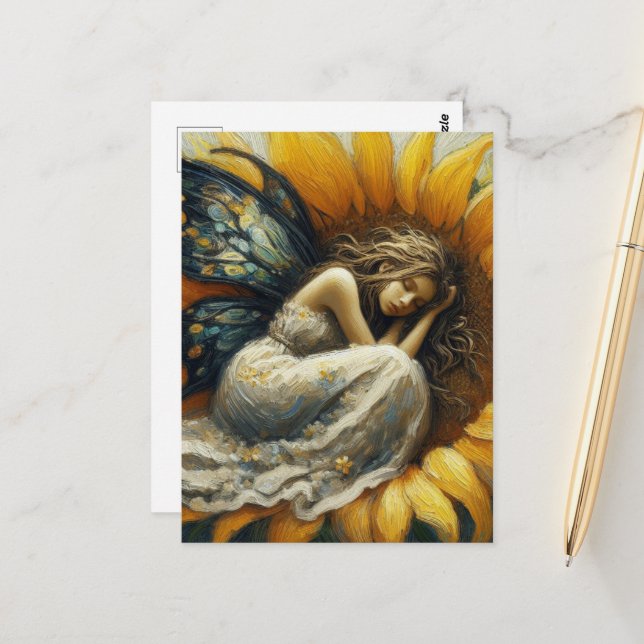 Fairy Asleep auf einer Sonnenblume Postkarte (Vorderseite/Rückseite Beispiel)
