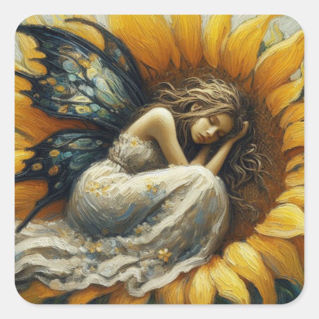 Fairy Asleep auf einer Sonnenblume Quadratischer Aufkleber (Vorderseite)