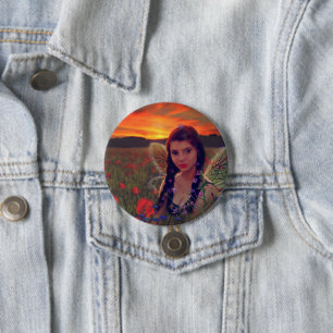 Fairy at Sunset in a field of poppies Fantasy Art Button