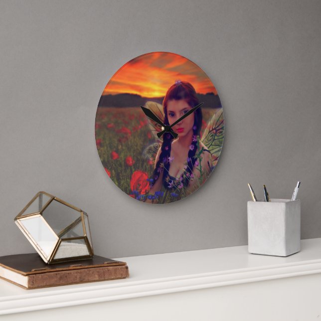 Fairy at Sunset in a field of poppies Fantasy Art Große Wanduhr (Büro)