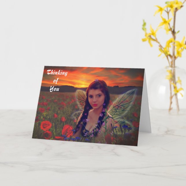 Fairy at Sunset in a field of poppies Fantasy Art Karte (Gelbe Blume)