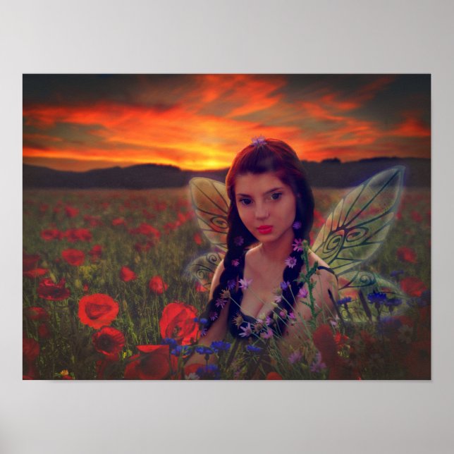 Fairy at Sunset in a field of poppies Fantasy Art Poster (Vorne)