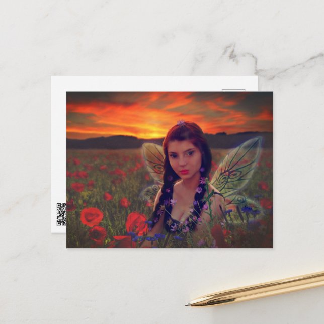 Fairy at Sunset in a field of poppies Fantasy Art Postkarte (Vorderseite/Rückseite Beispiel)