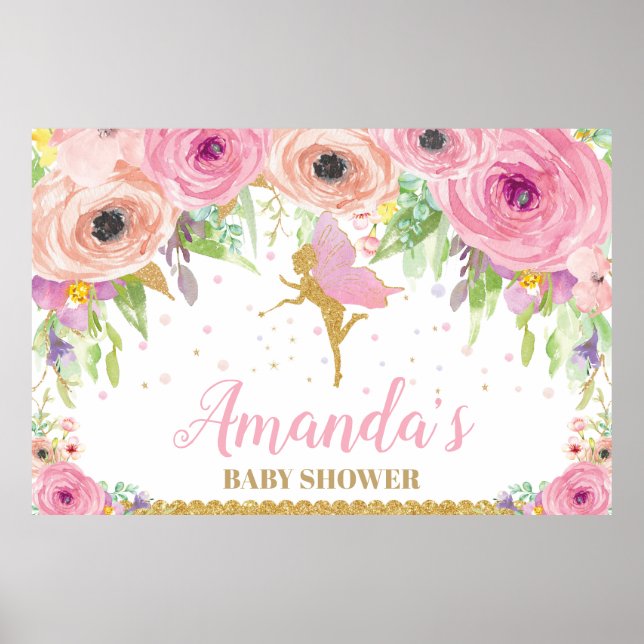 Fairy Baby Shower Backdrop Banner Floral Baby Girl Poster (Vorne)