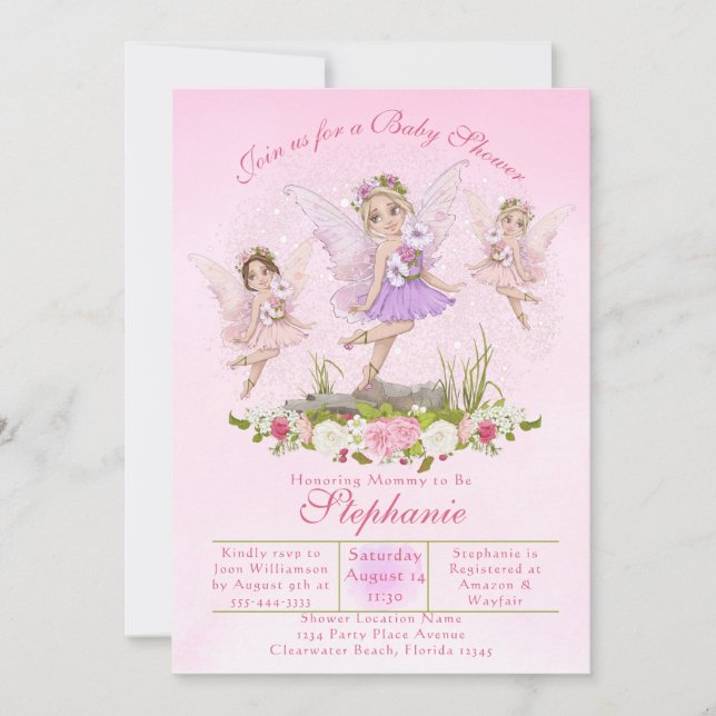 Fairy Baby Shower Pink Illustrationen Einladung (Vorderseite)