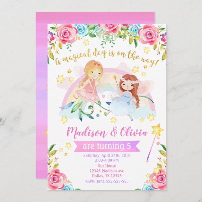 Fairy Birthday Einladung / Joint Twins Party (Vorne/Hinten)