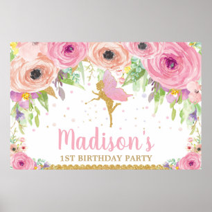 Fairy Birthday Party Backbanner Pink Floral Poster